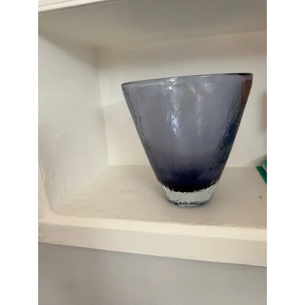 Hand Blown Studio Art Glass Vase Purple Amethyst Ombre Bark Texture Signed 7” in